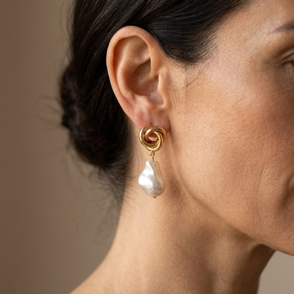 Gold Twisted Knot Baroque Pearl Drop Earrings