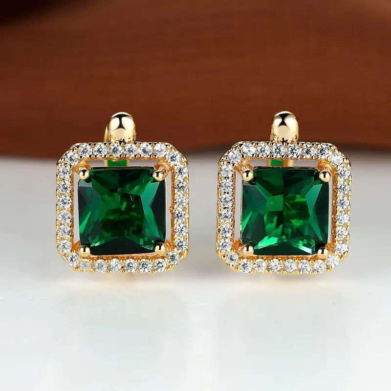 Golden Green Square Zirconia Gold Earrings