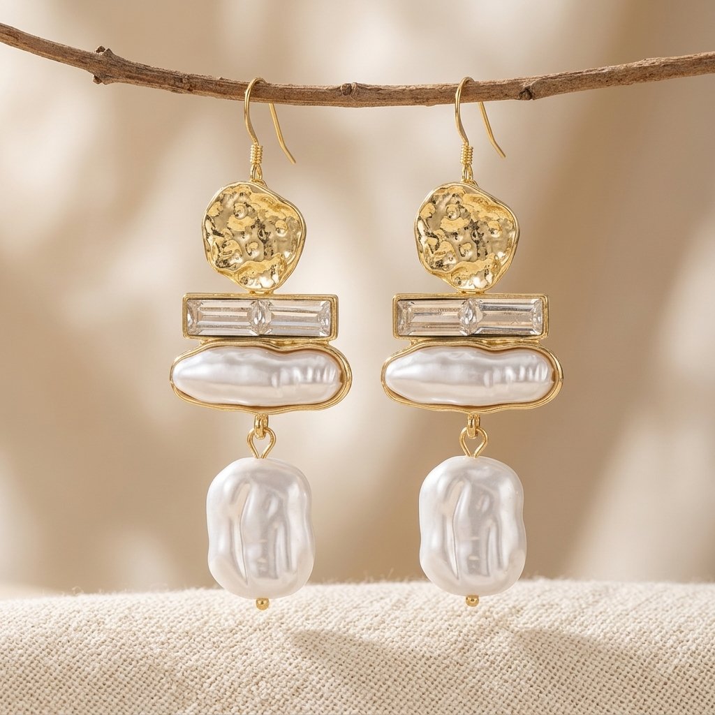 Hammered Gold Baroque Pearl Crystal Drop Earrings