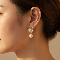 Hammered Gold Coin Pearl Drop Earrings