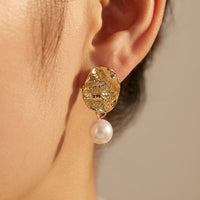 Hammered Gold Coin Pearl Drop Earrings