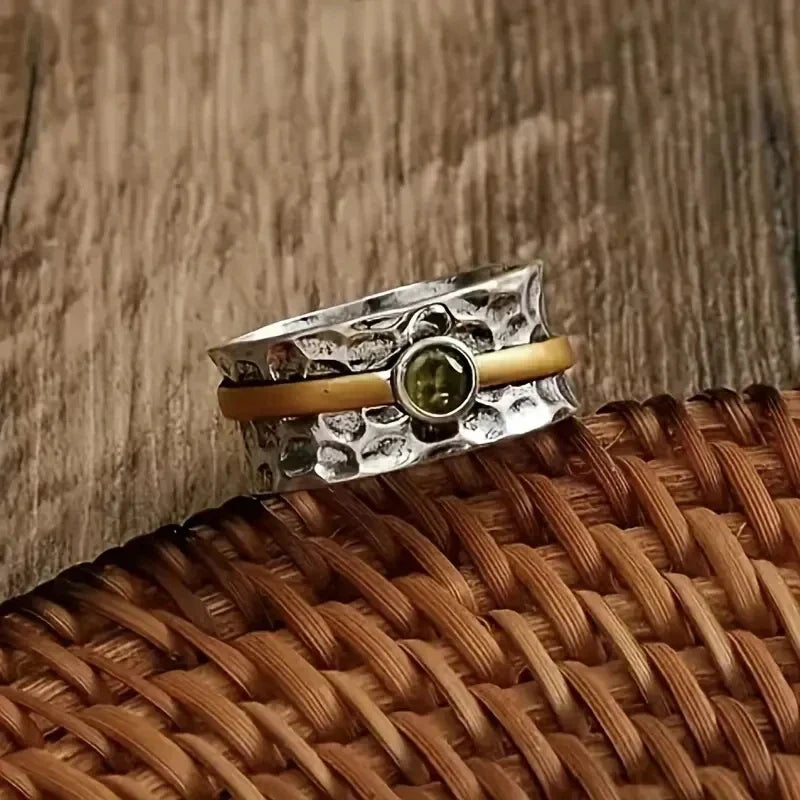 Hammered Silver Gold Peridot Band