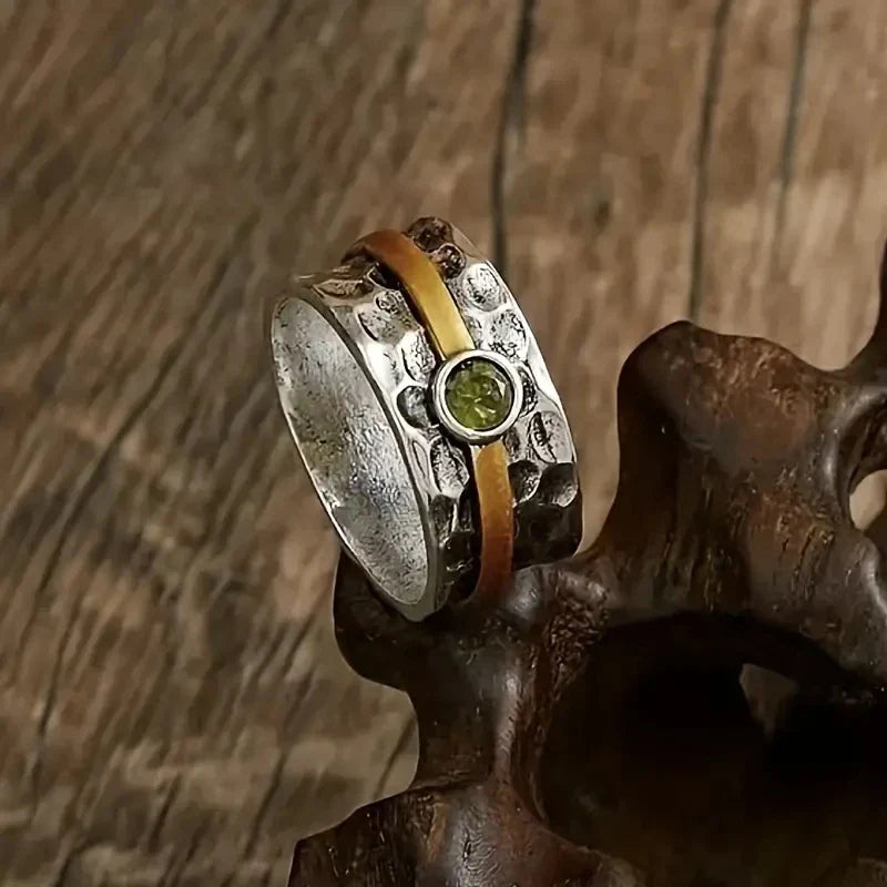 Hammered Silver Gold Peridot Band