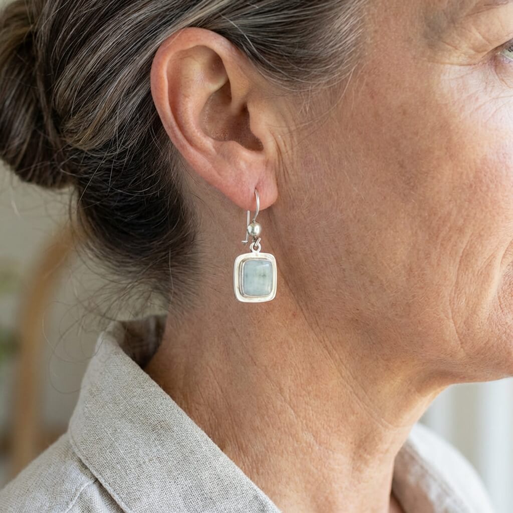 Vintage Silver Frame Design Blue Stone Drop Earrings