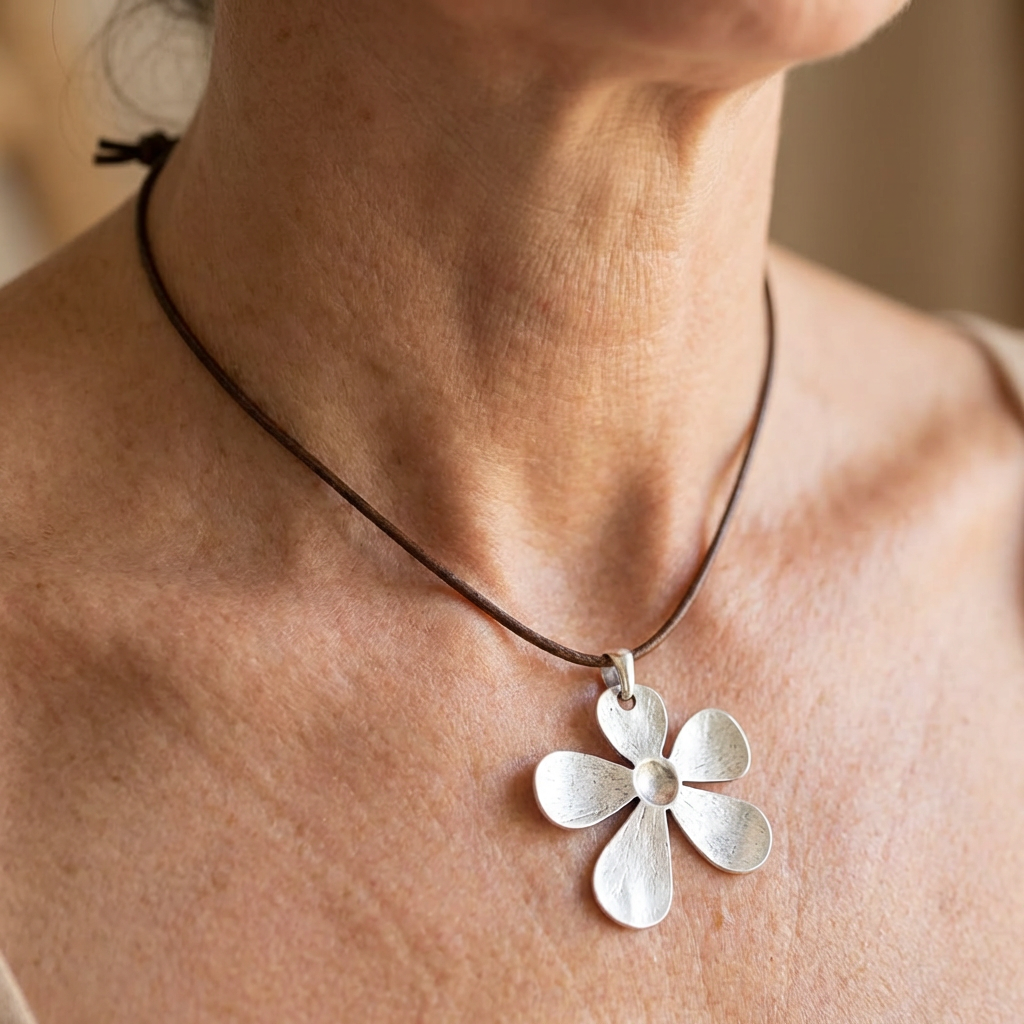 Minimalist Hammered Asymmetrical Flower Pendant Adjustable Necklace