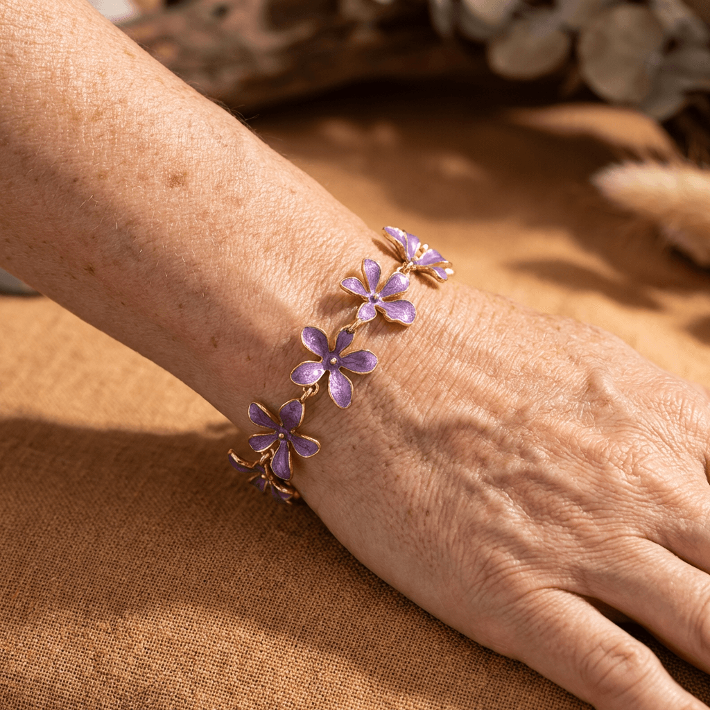 Vintage Style Purple Enamel Flowers Gold Plated Bracelet