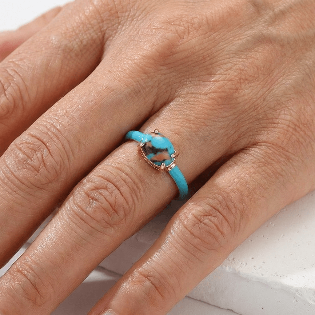 Vintage Enameled Geometric Oval Turquoise Gold Plated Ring