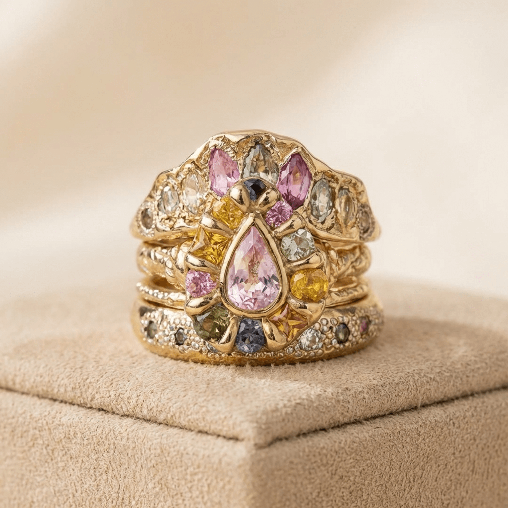 Cocktail Colorful Stones Forged Gold Ring