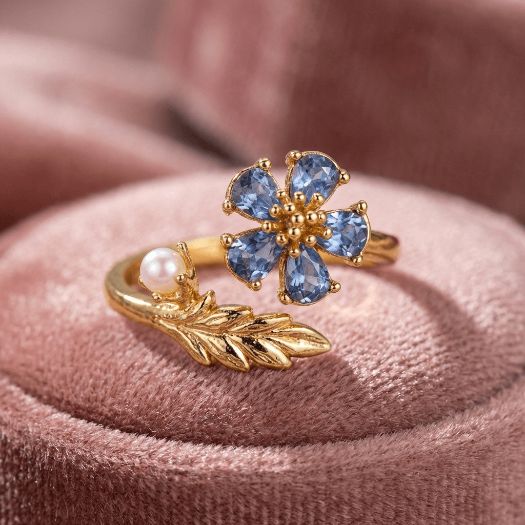 Blue Floral Leaf Ring