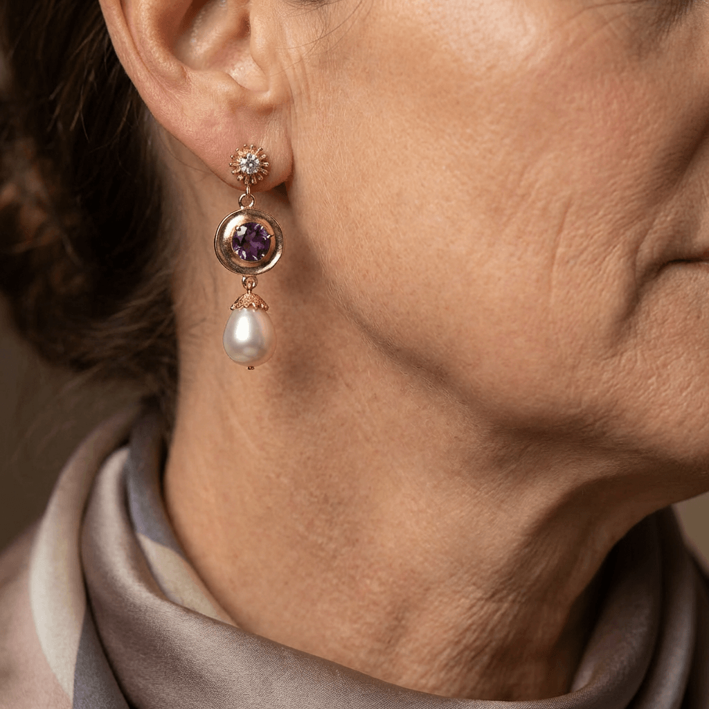 Rounded Golden Purple Zirconia Pearl Earrings