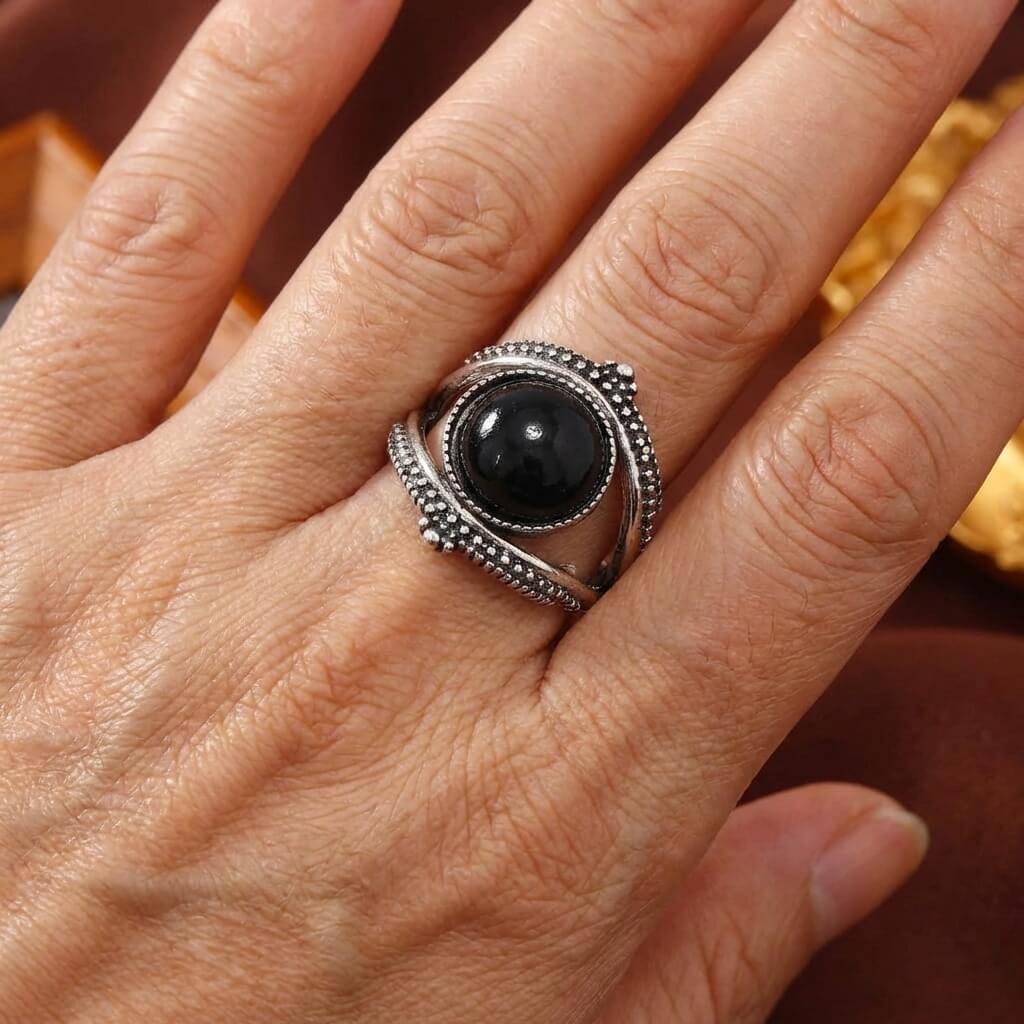 Vintage Style Round Black Stone Decor Cuff Ring