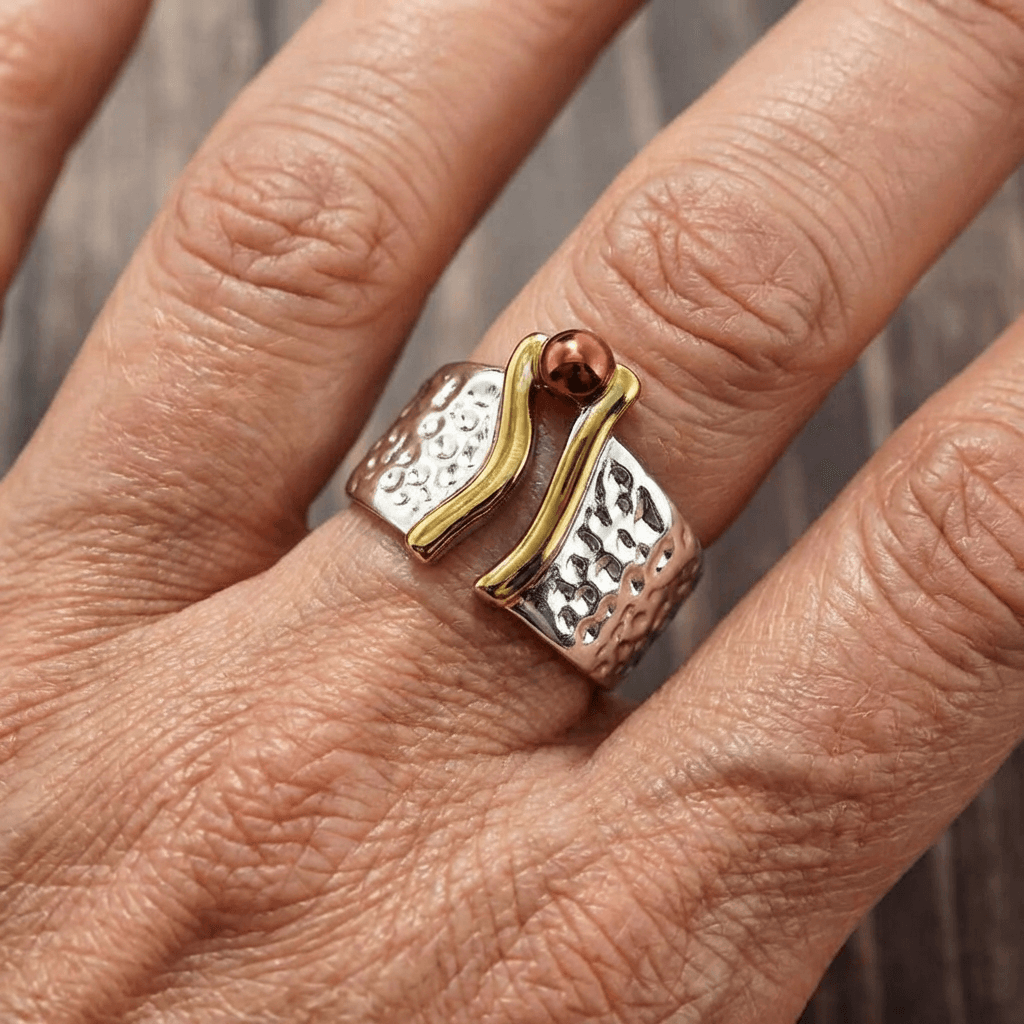 Elegant Two Tone Handcrafted Mixed Metal Wide Band Ring