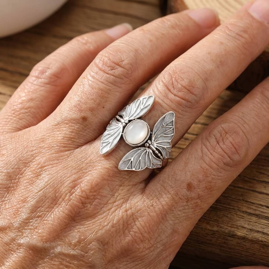 Elegant Silver Plated Butterfly Oval Moonstone Ring