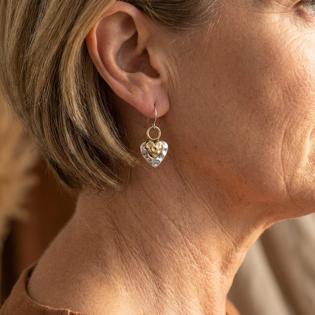 Vintage Two Tone Golden Heart Shaped Pendant Earrings