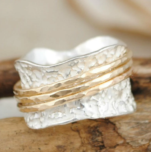 Vintage Textured Silver & Gold Band Artisan Ring