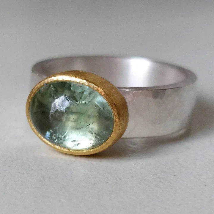 Vintage Green Tourmaline Sterling Silver & Gold Bezel Ring