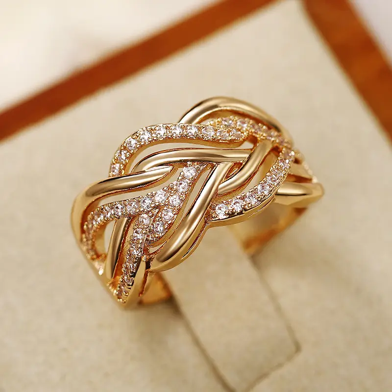 Elegant Gold Plated Interwoven Diamond Knot Band Ring