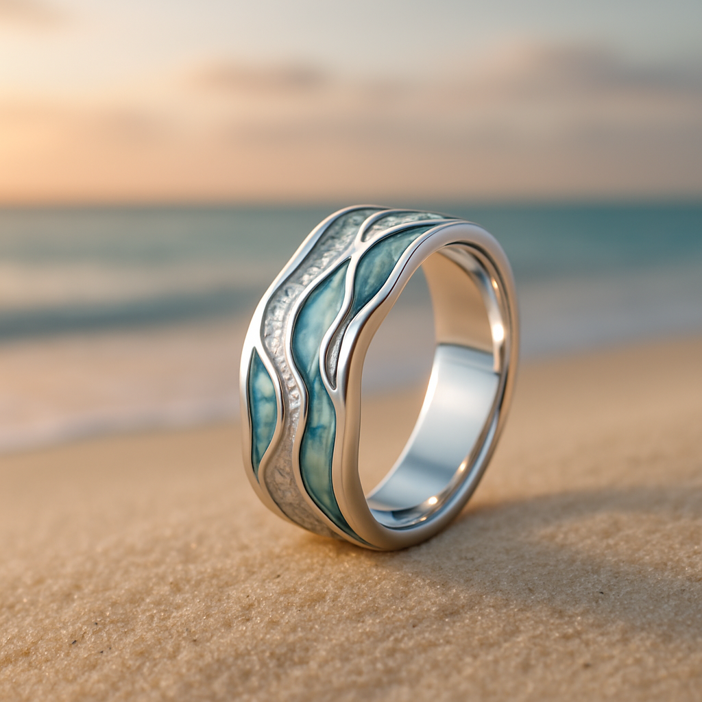 Elegant Turquoise Silver Waves Ring