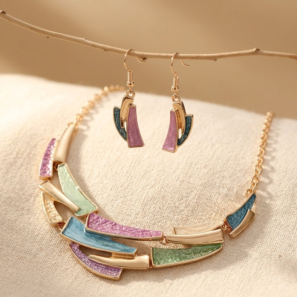 Geometric Link Earrings Necklace Set Vintage