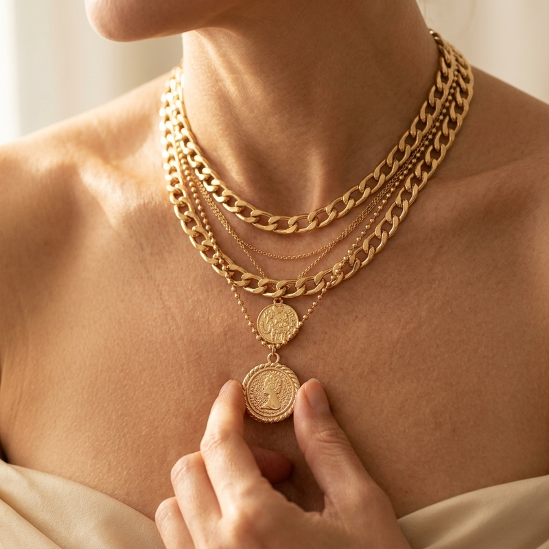 Layered Chain Necklace With Interlocking Rings