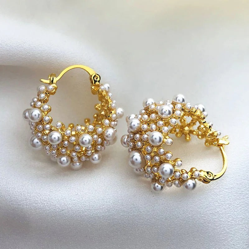 Vintage Pearl Cluster Hoop Earrings