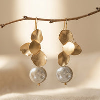 Matte Gold Floral Baroque Pearl Drop Earrings