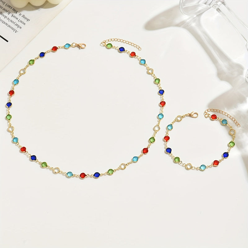 Multicolor Crystal Chain Necklace & Bracelet Jewelry Set