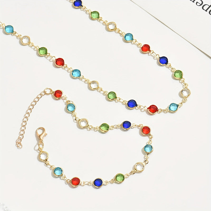 Multicolor Crystal Chain Necklace & Bracelet Jewelry Set