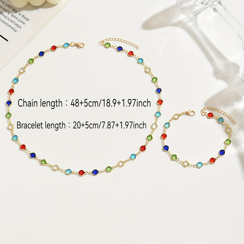 Multicolor Crystal Chain Necklace & Bracelet Jewelry Set