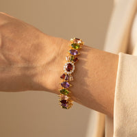 Multicolor Gemstone Gold Oval Link Bracelet