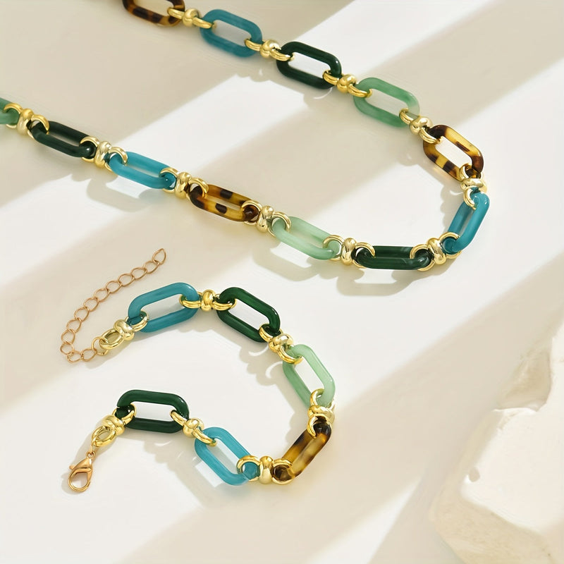 Multicolor Resin Link Necklace Bracelet Set