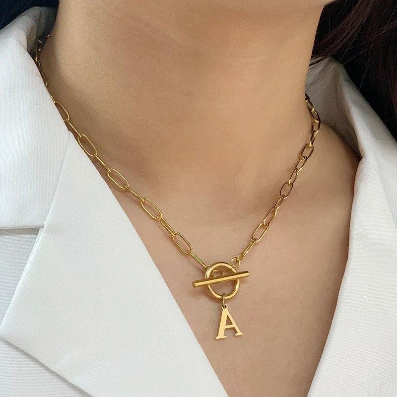 Paperclip Initial Necklace with Circle Toggle Clasp