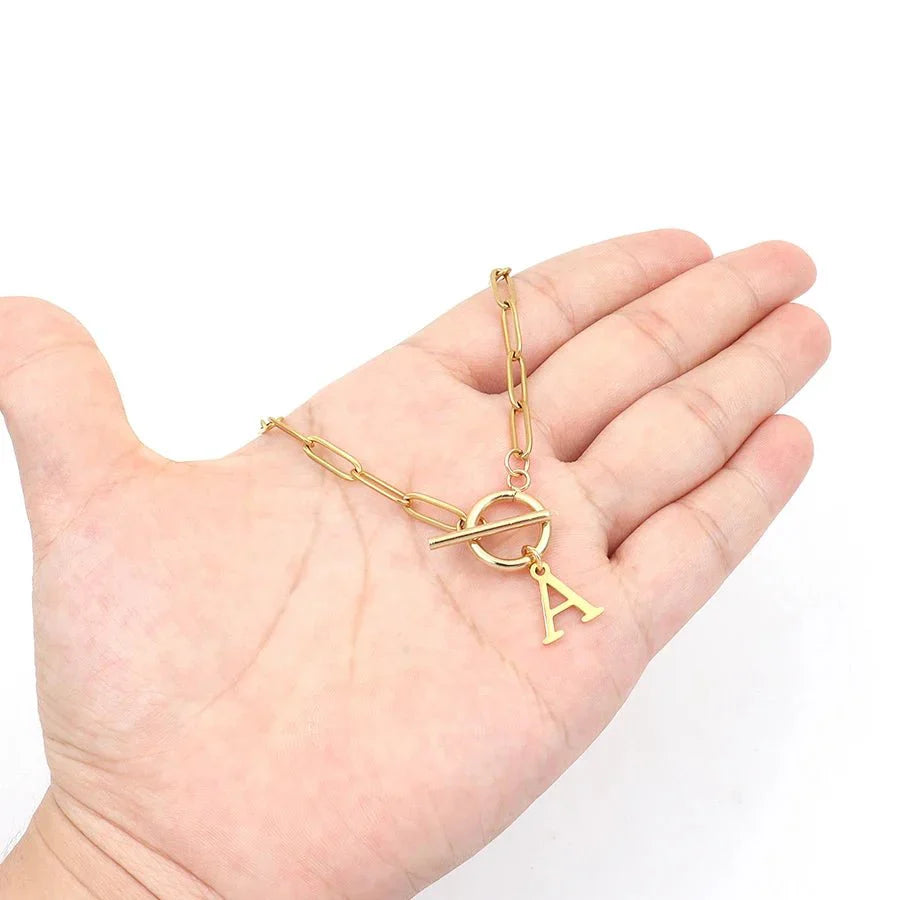 Paperclip Initial Necklace with Circle Toggle Clasp