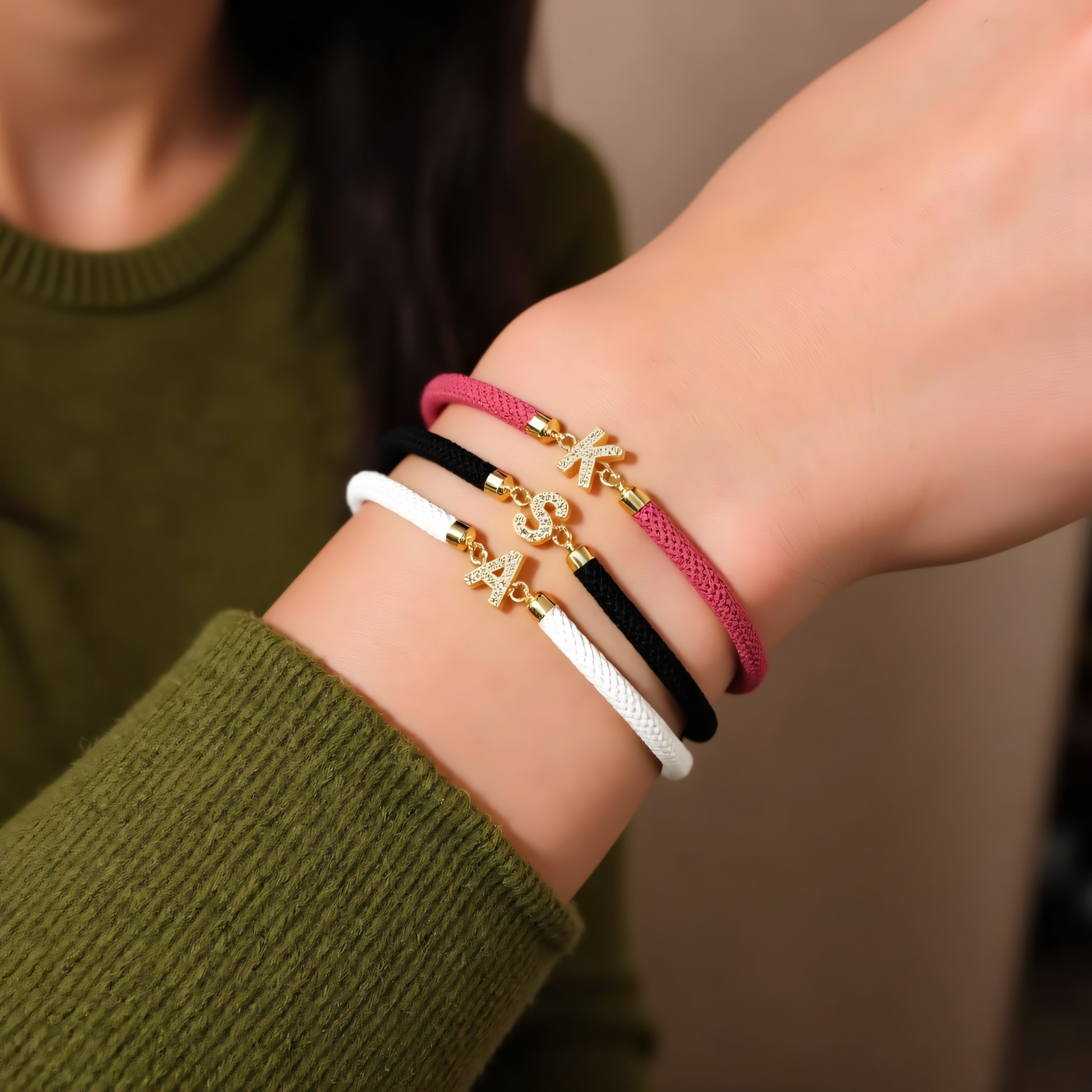 Dainty Personalized Initial Cord Bracelet with Pavé Diamond Charm