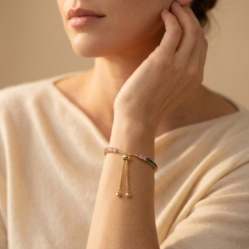 Rainbow Multicolor Crystal Gold Bolo Bracelet
