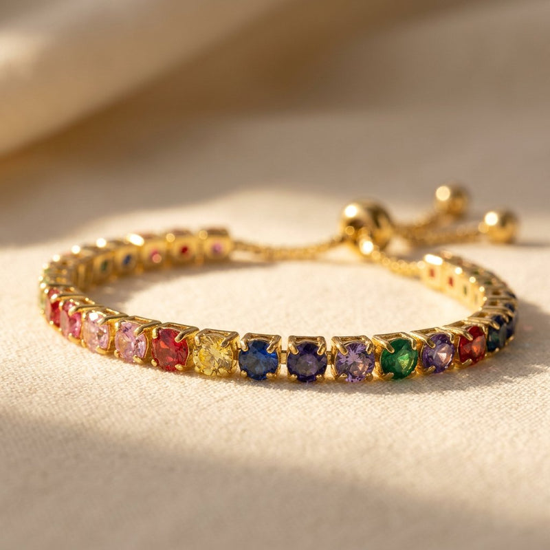 Rainbow Multicolor Crystal Gold Bolo Bracelet