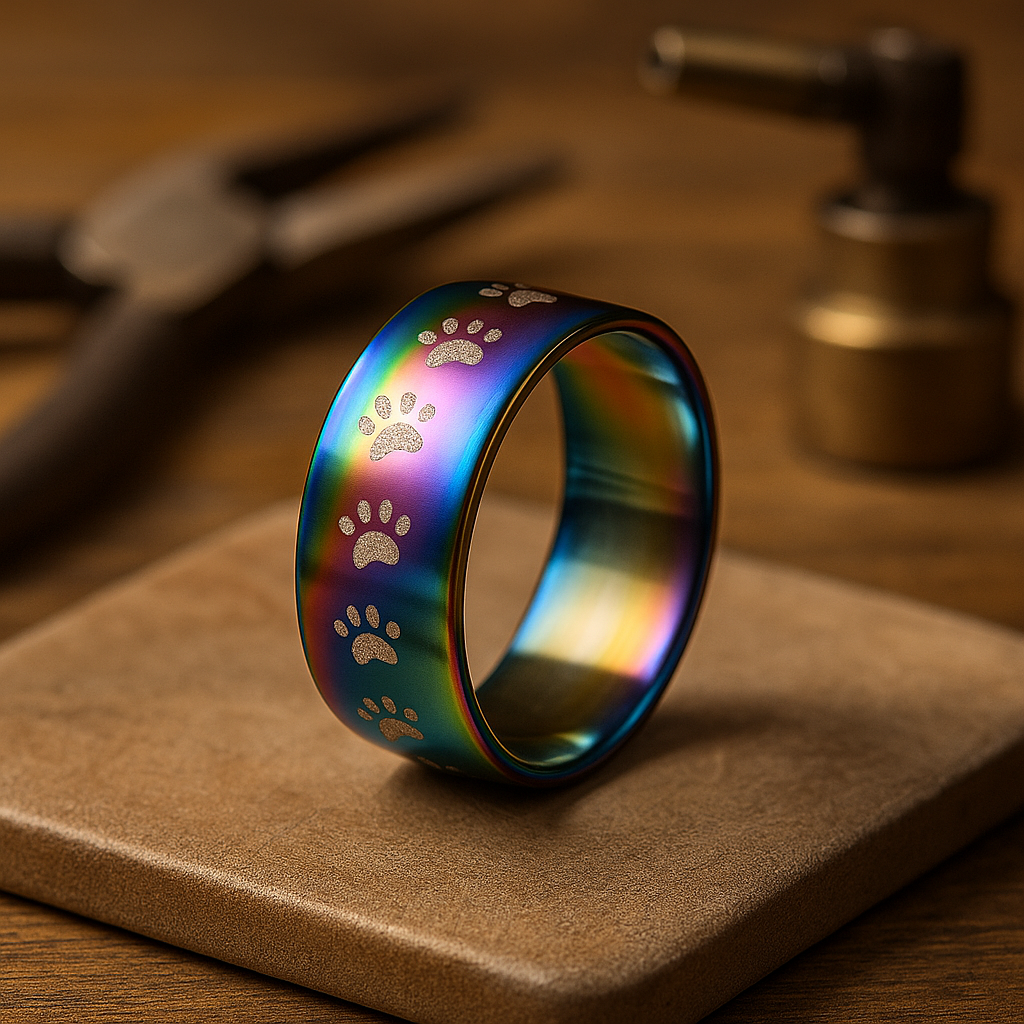 Handmade rainbow stainless steel paw print ring