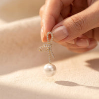 Romantic Gold Crystal Bow Pearl Drop Earrings