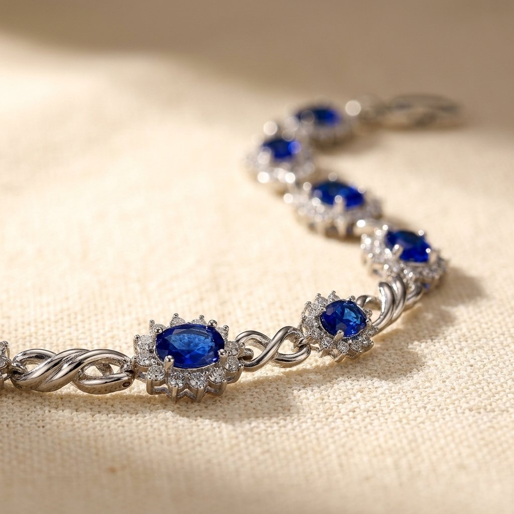 Royal Blue Sapphire Halo Silver Tennis Bracelet