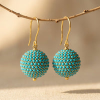 Gold Turquoise Beaded Sphere Drop Earrings