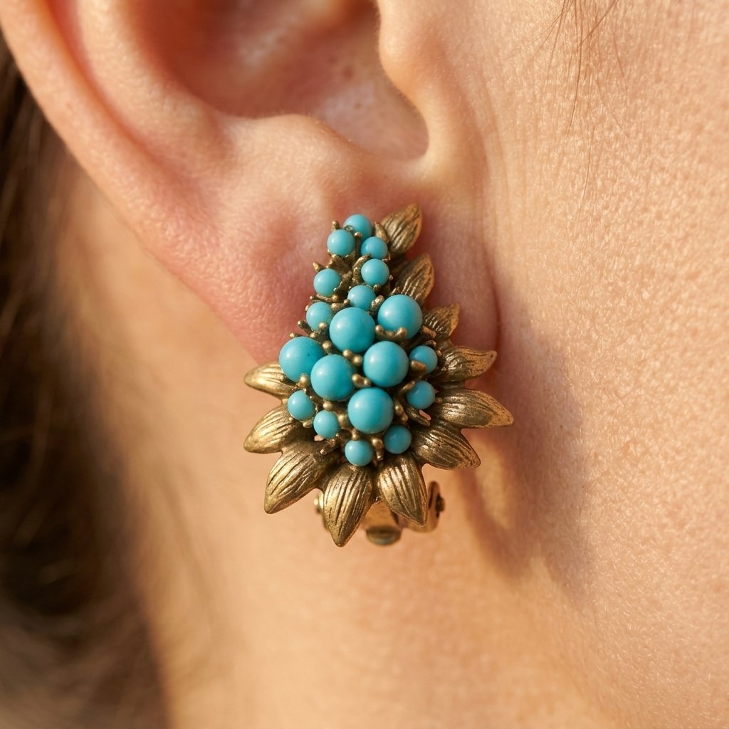 Vintage Gold Turquoise Beaded Leaf Earrings