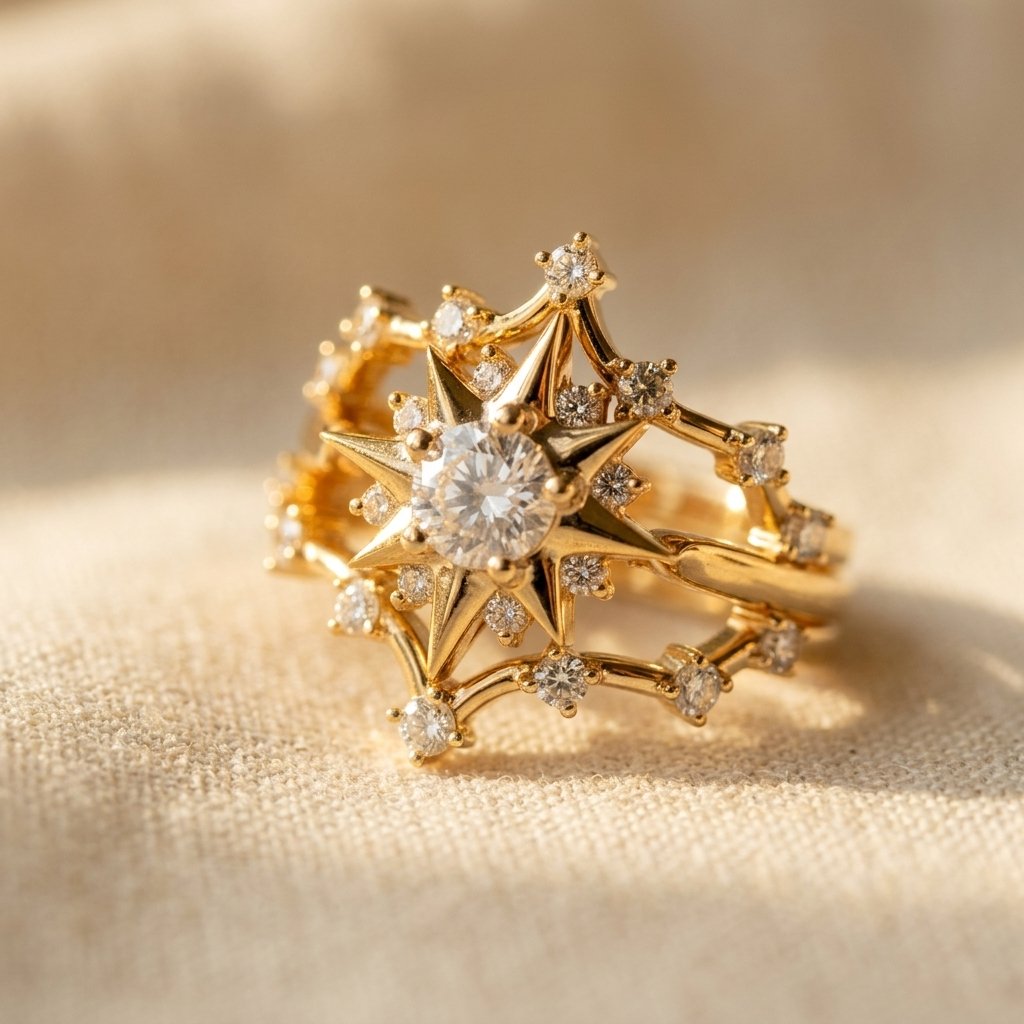 Gold Round Cubic Zirconia Starburst Ring