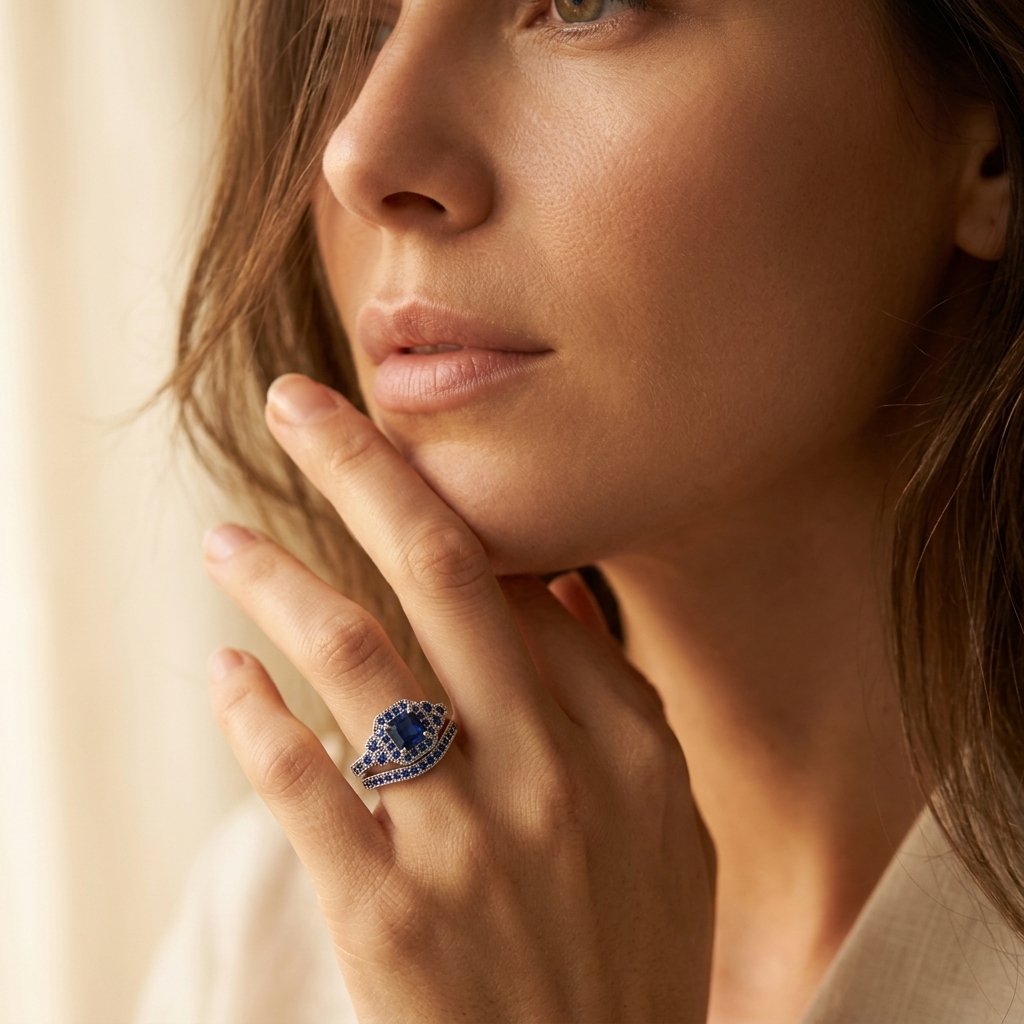 Vintage Silver Blue Cushion Halo Ring