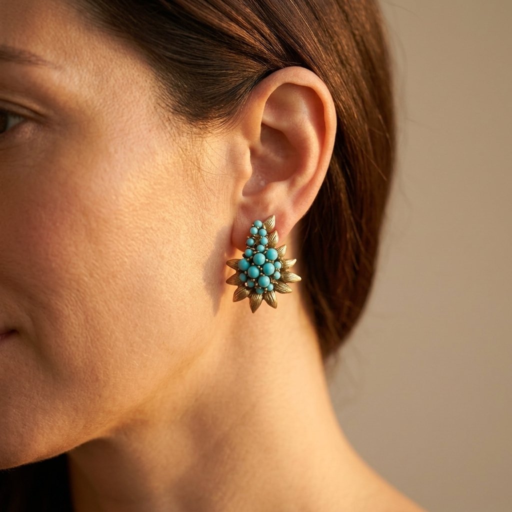 Vintage Gold Turquoise Beaded Leaf Earrings