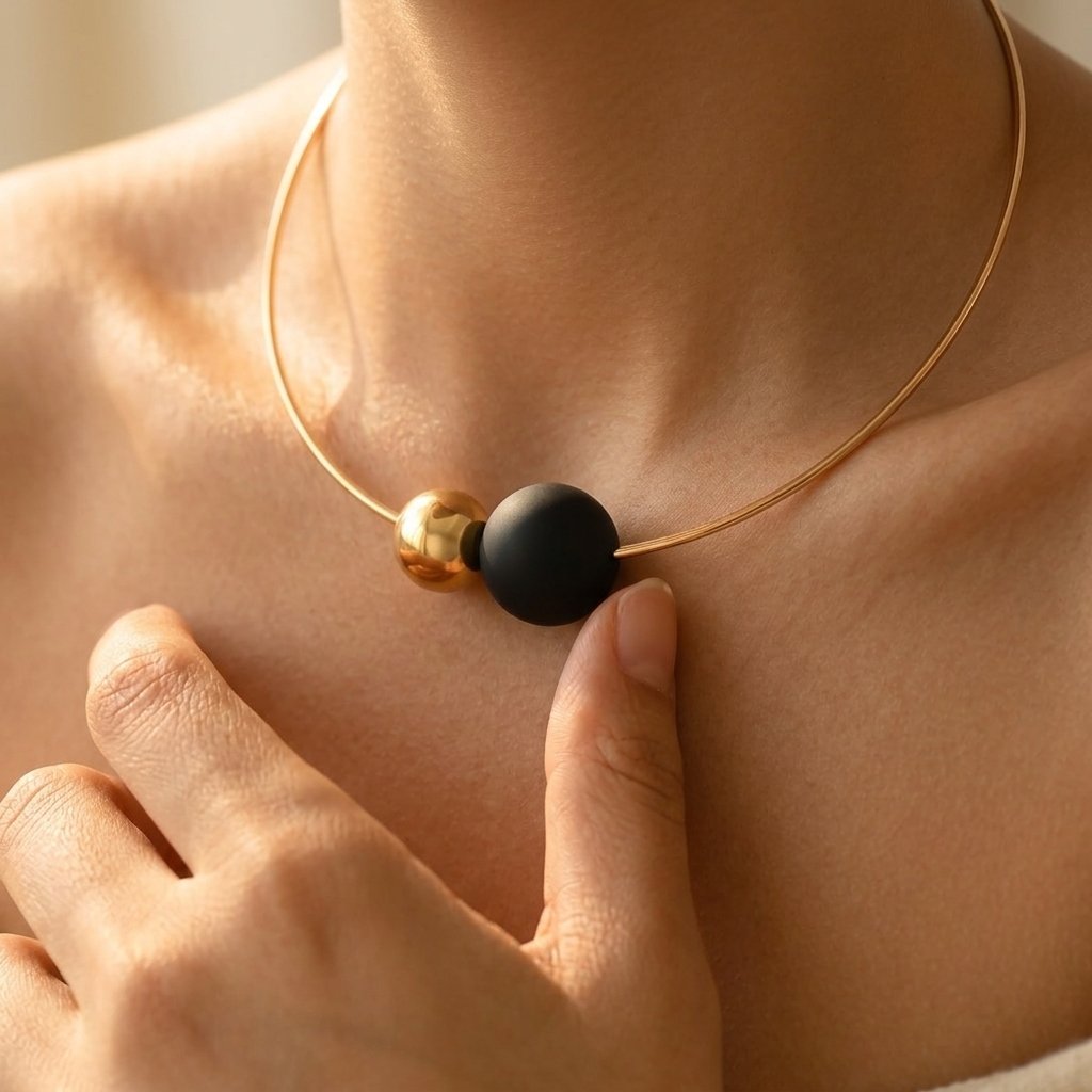 Minimalist Gold Black Round Sphere Necklace