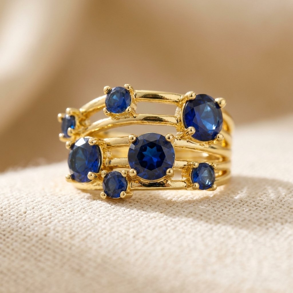 Stacked Gold Blue Sapphire Cluster Ring