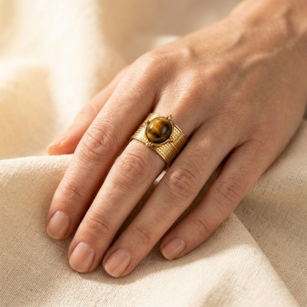 Golden Stainless Steel Tiger Eye Stone Ring