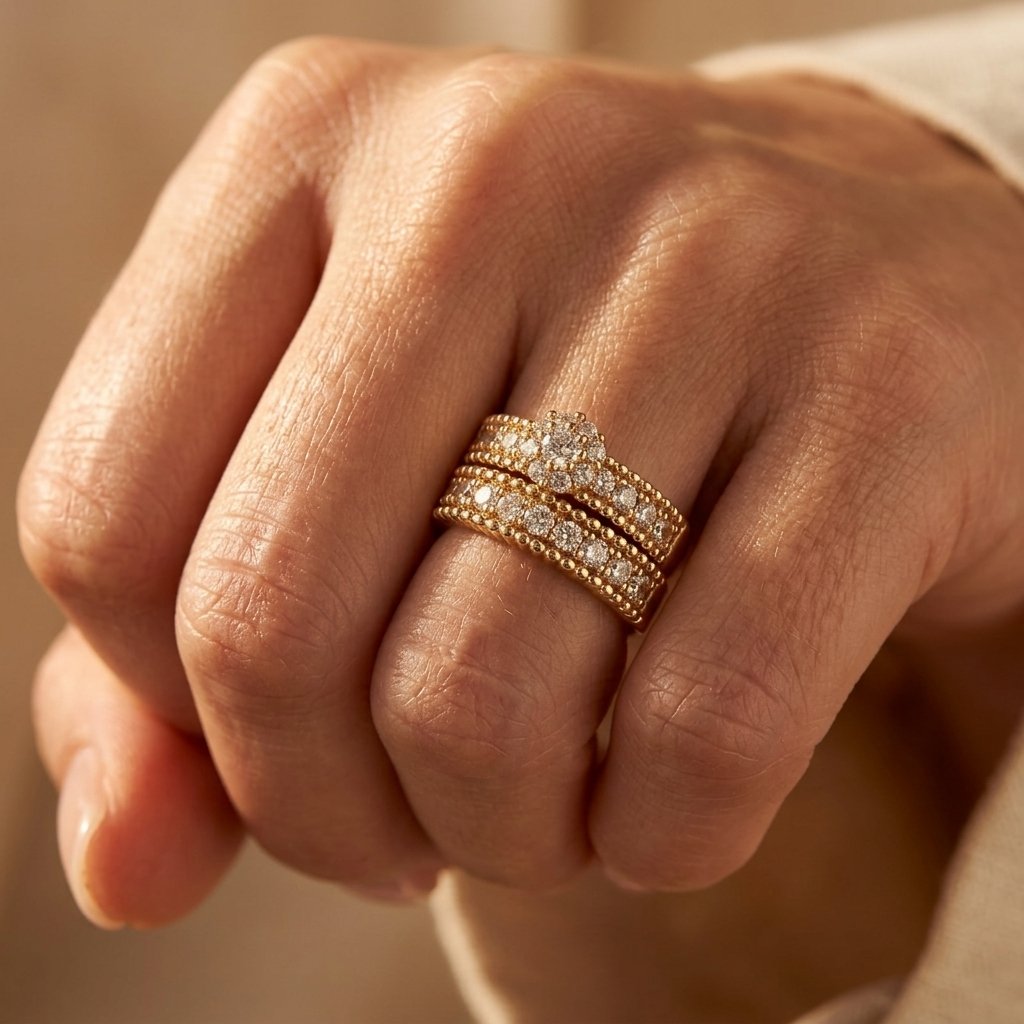 Gold Cubic Zirconia Floral Halo Ring Set