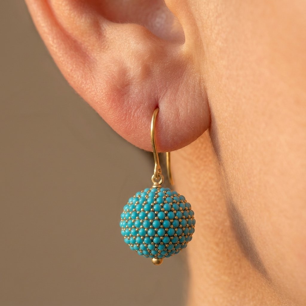 Gold Turquoise Beaded Sphere Drop Earrings