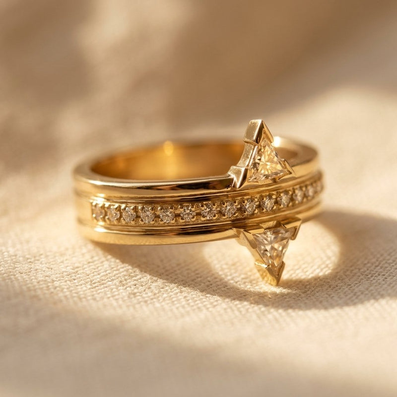 Geometric Gold Triangle Diamond Star Ring